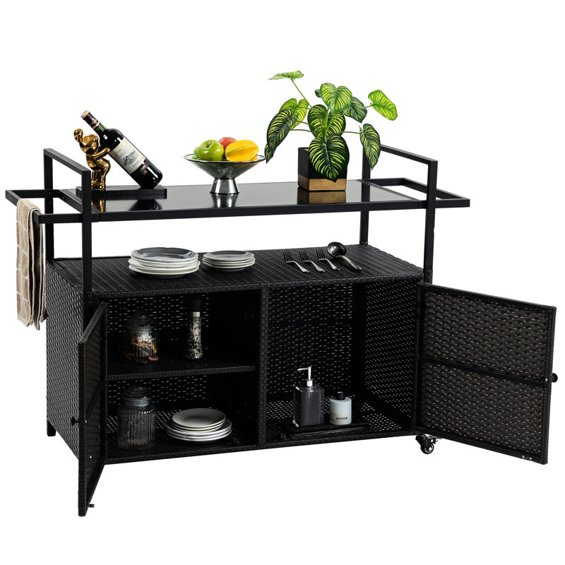 Versatile Outdoor Drink Cart - Black, Bar Counter Table With Glass Top For Garden, Pool, Kitchen, Dining Room Poolside Buffet Rolling Storage And Patio, Backyard, Garden