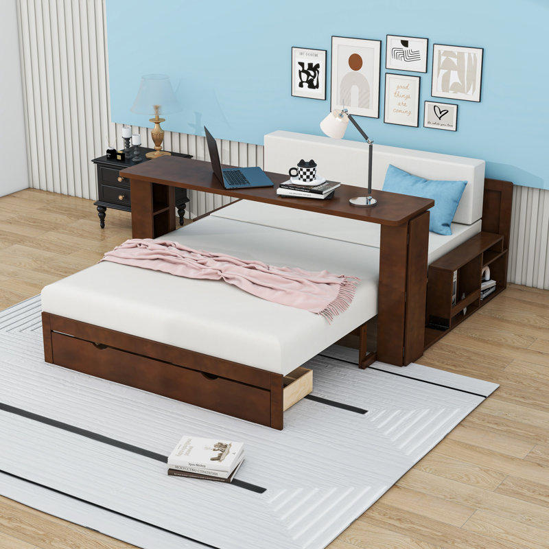 Lit de jour convertible en bois avec bureau intégré, tiroirs et accoudoirs extensibles, Complet/Double, Espresso