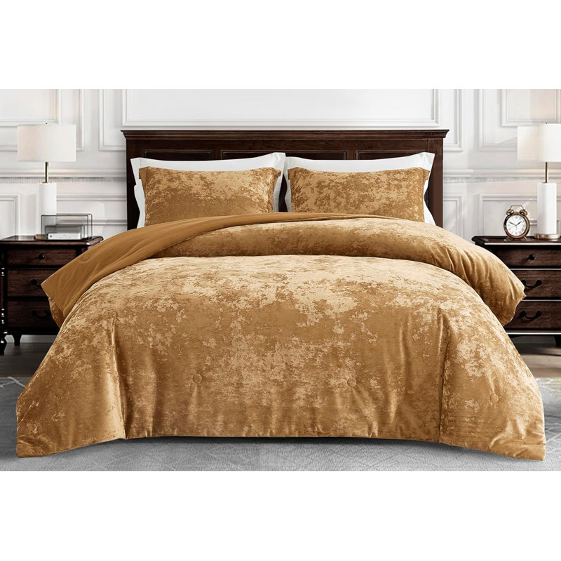 Lux Distressed Velvet Reversible Comforter Set, King Comforter + 2 King Shams, Caramel Gold