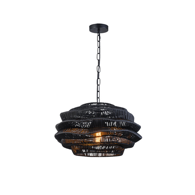 1-Light Outdoor Wicker Coastal Rattan Pendant, Black