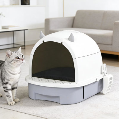 Easy - Clean Cat Litter Box With Translucent Door, Two Deodorizing Bags, Leakage Pedal, And Portable Design, Gray, Polypropylene, For Cats Under 10 Pounds Enclosed Flap , Prevention, Lightweight