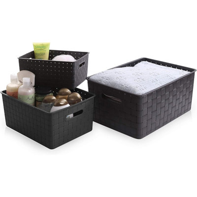 Paquet de 3 grands paniers de rangement en plastique noir, organisateur rectangulaire multi-usage pour la maison, le bureau, la salle de bain ou l'armoire