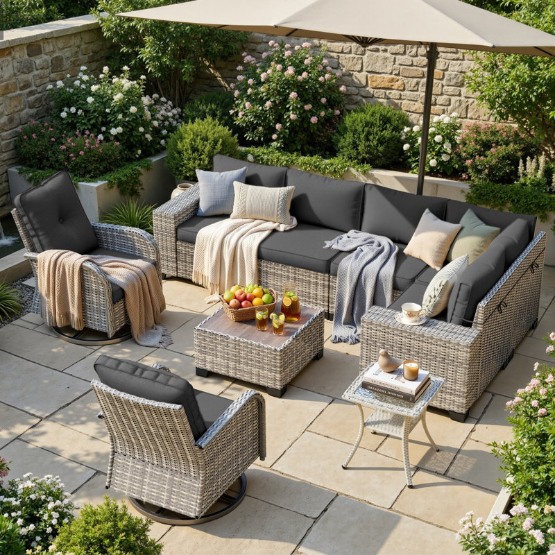 9-Piece Outdoor HDPE Wicker Patio Conversation Set With Wide Armrests, Sectional Sofa & Swivel Chairs, Black