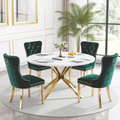 Ensemble de table de salle à manger 47,2 "pour 4, 5 pièces table de cuisine en faux marbre blanc et 4 chaises en velours avec pieds en acier inoxydable doré