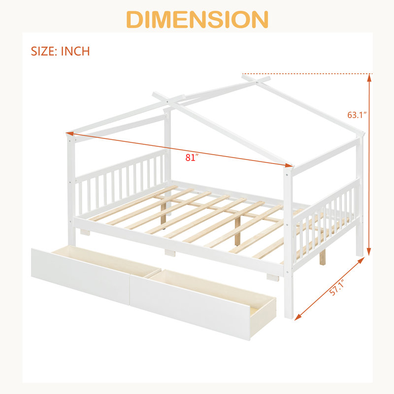 Lit double en bois avec tiroirs, Lit double, Blanc