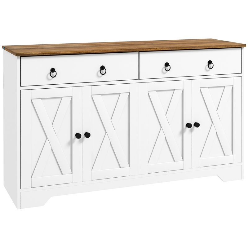 Buffet avec armoires de rangement, 2 tiroirs, 4 portes, tablettes réglables, blanc, buffet à grain de bois