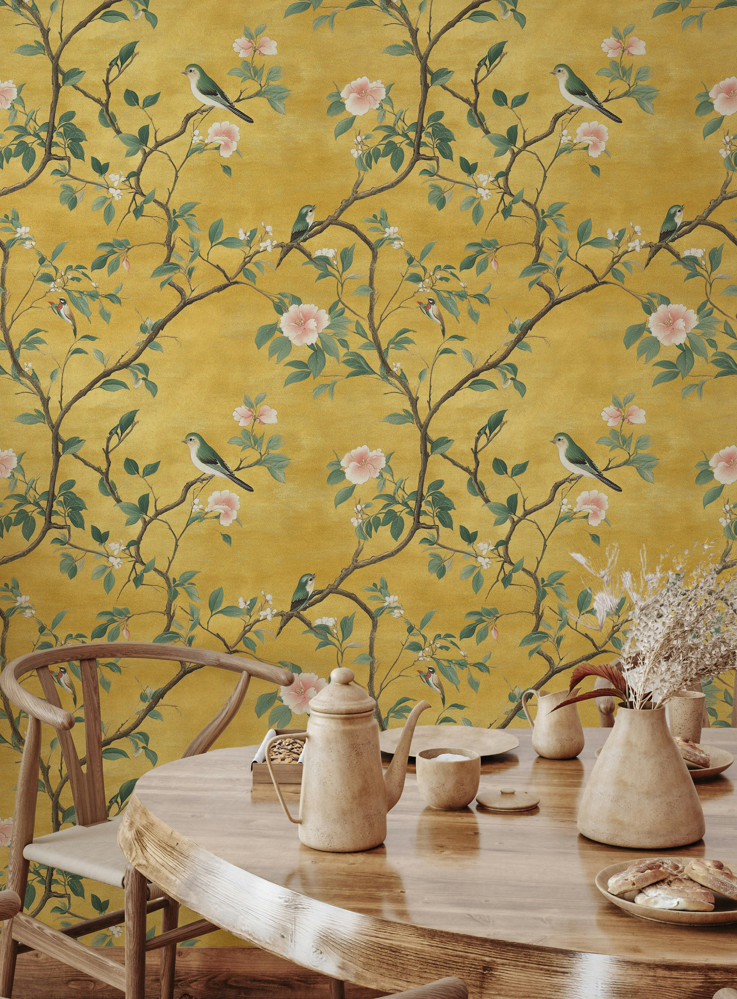 Elegant Chinoiserie Wallpaper Yellow Floral Bird Pattern Vintage Asian Wall  Decor