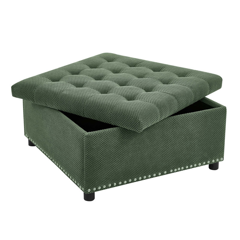 Classic Tufted Storage Ottoman With Nailhead Trim, Versatile For Living Room And Bedroom Organization, Green