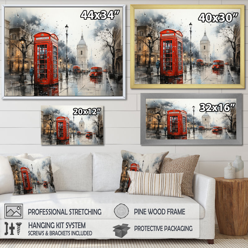 Rendez-vous urbain dans une cabine téléphonique rouge, H 16 po x l 32 po x P 1 po, Cadre flottant noir