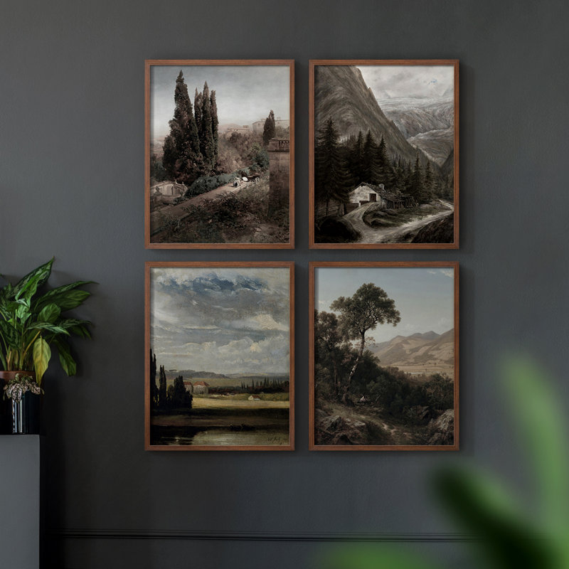 «Vintage Landscape Cxxxi», 4 pièces sur papier, Noyer, H 32 po x l 10 po