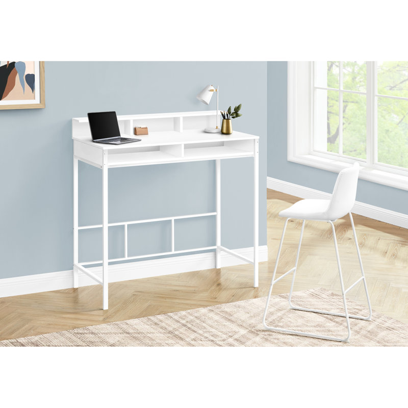 Bureau assis-debout moderne avec plateau en stratifié blanc, 122 cm (48 po), étagères de rangement, pieds en métal, style contemporain.