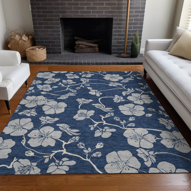 Navy Floral Synthetic Rectangular 5' x 7' Washable Rug