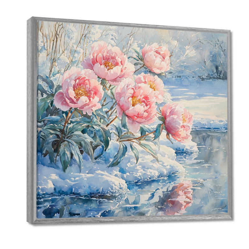 Pivoines par la rivière gelée III - pivoines, art mural sur toile, Impression encadrée flottante, Argent argent