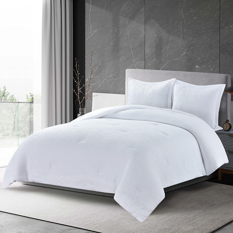 Wilmer Waffle Weave Textured Comforter Set, King Comforter + 2 King Shams, White