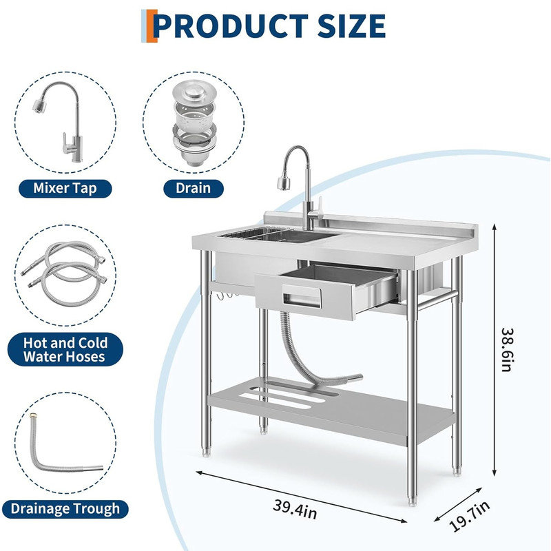 Stainless Steel Utility Sink, Freestanding Single Bowl Sink with Right Drawer and Workbench, Commercial Laundry Sink with Retractable Cold&Hot Water Faucet and Hooks, for Kitchen Garage Indoor&Outdoor