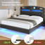 Base de lit flottante avec tête de lit cachée, base de lit à DEL flottante avec station de charge, lit plateforme tapissier en cuir avec rangement-1402784281