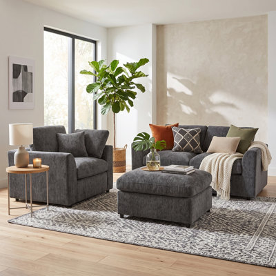 Ensemble de canapé modulaire en chenille 3 pièces, causeuse 2 places + fauteuil 1 place + repose-pieds mobile, canapé en bois massif avec 2 coussins décoratifs, salon moderne
