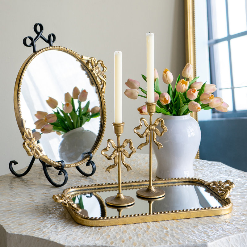 Gold Cast Iron Candle Holders with Decorative Bow Accent, Vintage European Taper Candle Holders for Dining Table, Mantel & Home Décor