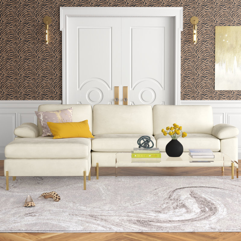 Lian Velvet L-Shaped Sectional Reversible, Beige Velvet
