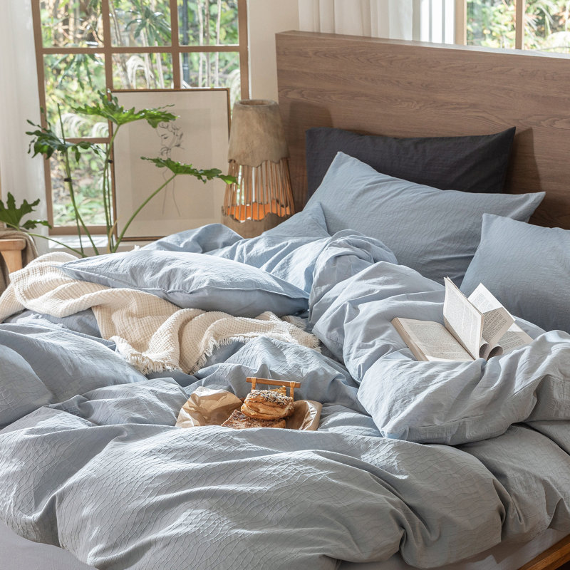 Wavy Stripe Duvet Cover Set 100% Washed Cotton Linen Like Textured Breathable Durable Soft Comfy, Cornflower Blue
