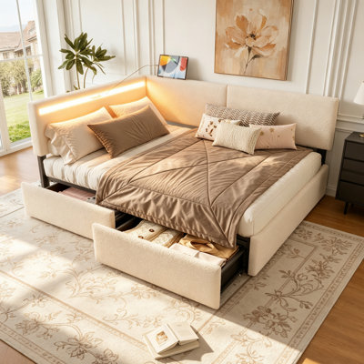 Twin Size Boucle Bed Frame, Upholstered Cloud Bed Frame With Headboard, With 2 Storage Drawers, LED Light And USB Charging Design, Solid Wood Legs And Slats, No Box Spring Needed, Beige