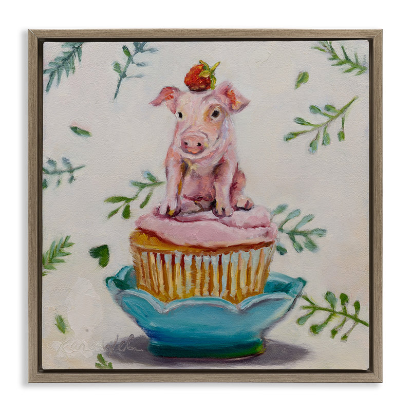 «Teacup cochon on Cupcake», art mural sur toile flottante par Karen Weber, Cadre flottant orme Montalcino, H 18 po x l 18 po