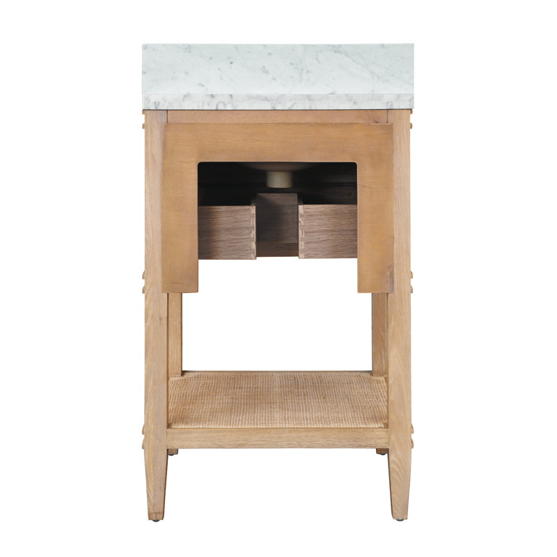 Meuble-lavabo avec tablette ouverte, plateau en marbre blanc, lavabo en porcelaine et anneau en laiton antique, Cerused Oak