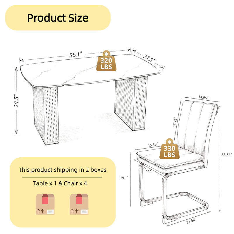 Ensemble de salle à manger 5 pièces 55 po en marbre avec table à double piédestal et 4 chaises en porte-à-faux, noir / or