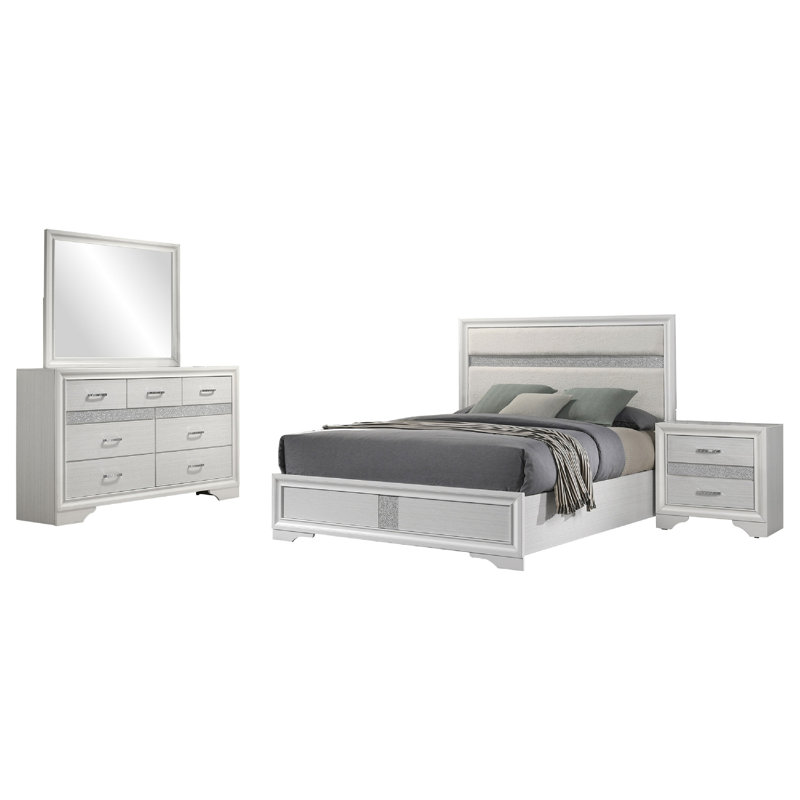 Ensemble de très grand lit 4 pièces avec commodes, miroir, paillettes Vino, Blanc, Grand