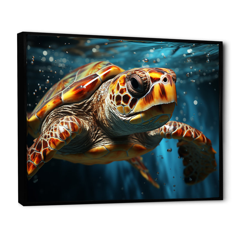 Représentation abstraite d'une tortue nageant sur toile, Cadre flottant noir, 34" H x 44" W