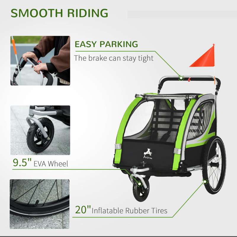 Green Foldable 2-in-1 Child Bike Trailer Stroller