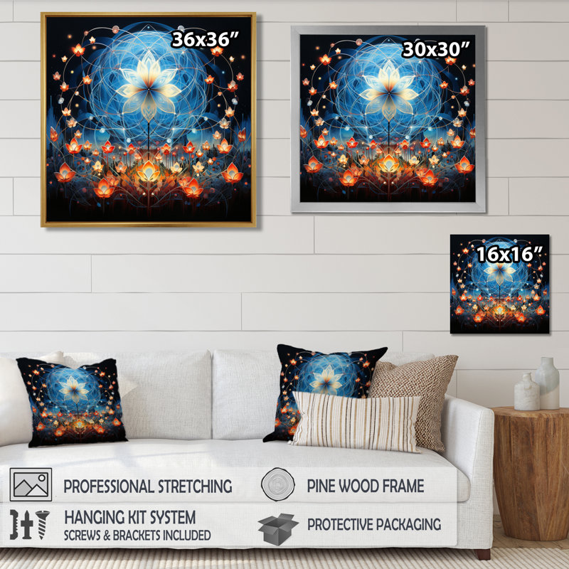 Abstrait fleur mystique galactique de la vie - impression d'art floral moderne, Toile avec cadre flottant noir