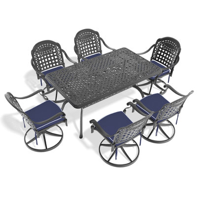 7 Cast Aluminum Dining : 6 Swivel Chairs & Rectangular Table, Black, High-Temperature Material, Comfortable Seating, 350Lbs Per Chair, 160Lbs Table Capacity, Easy To Assemble Outdoor Rotatable