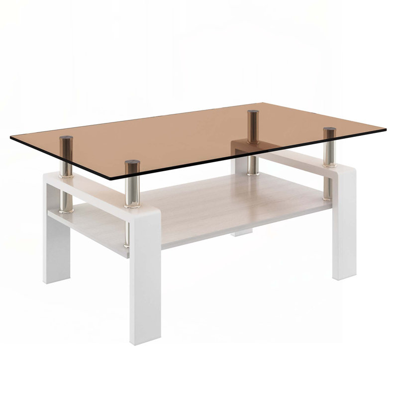 Table basse rectangulaire avec plateau de rangement en verre trempé et panneau de fibres à densité moyenne Fraiya, Brun