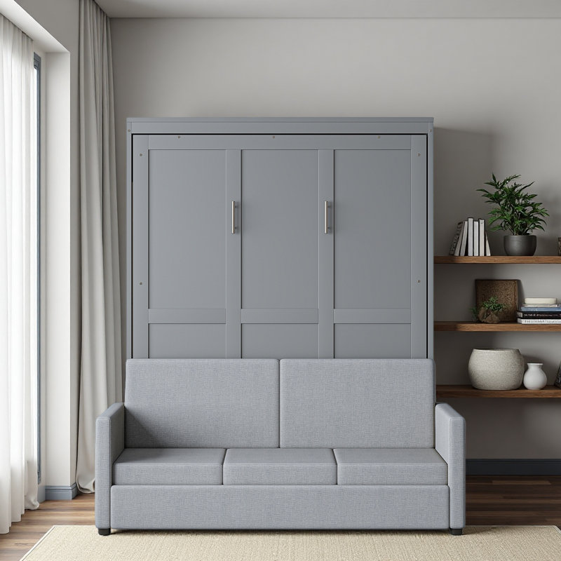 Lit escamotable double pleine grandeur avec coussin, Gris