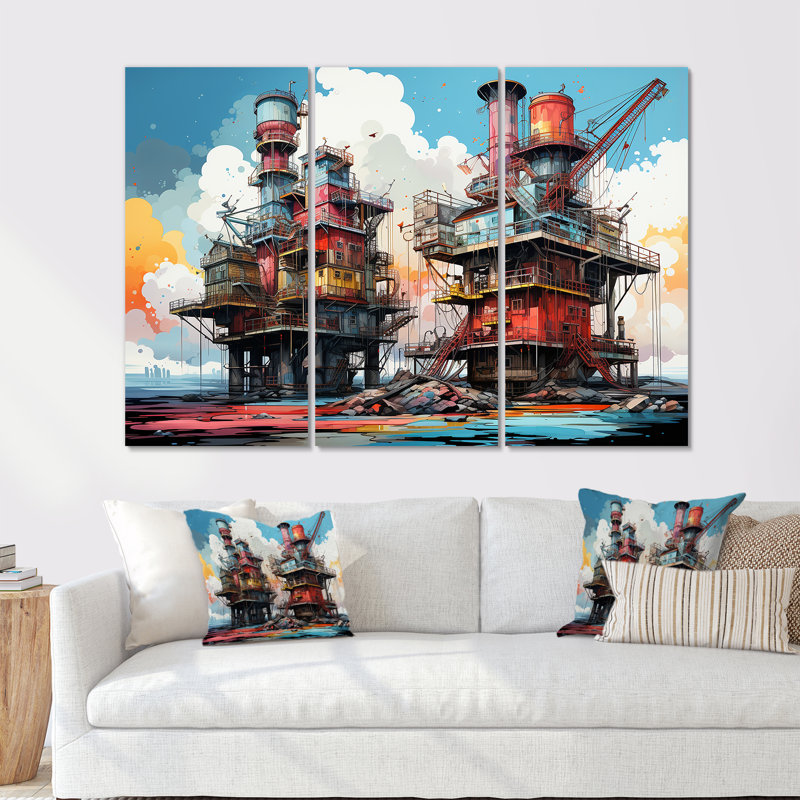 Abstrait rouge et bleu Oil RIGS Fields I - ensemble de salon mural, H 28 po x l 36 po