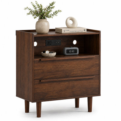 Modern 2-Drawer Nightstand with Built-in Charging Station and Open Shelf