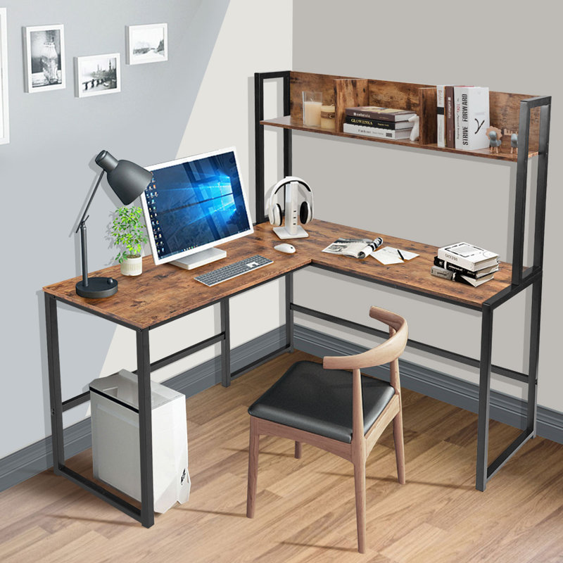 L-Shaped Metal Base Writing Desk, Brown/Black