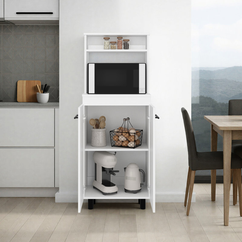 White Freestanding Kitchen Sideboard With 2-Door Cabinet, Shelves, And Compact Countertop For Dining Room Appliance Placement Storage Setup