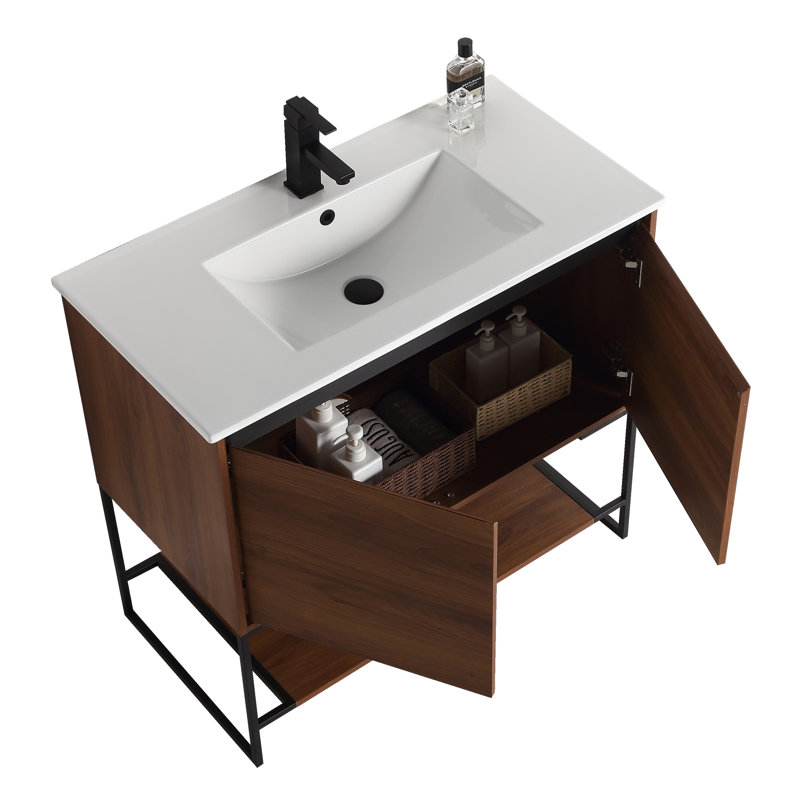 Carliana 36'' Single Bathroom Vanity with Ceramic Top, Walnut