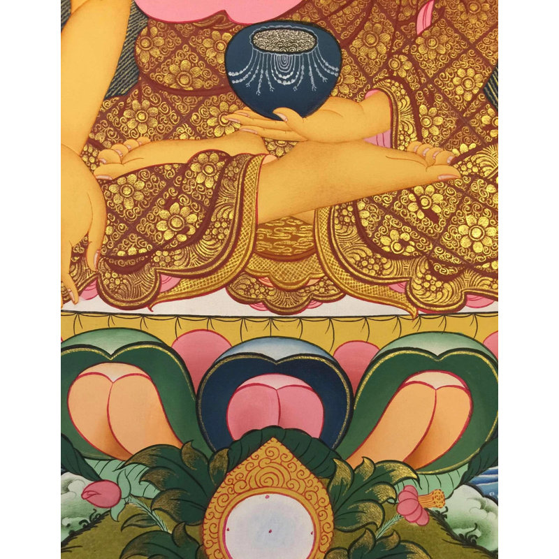Bouddha Shakyamuni (Thangka sans brocart) | Or 24 carats avec couleurs acryliques sur toile de coton