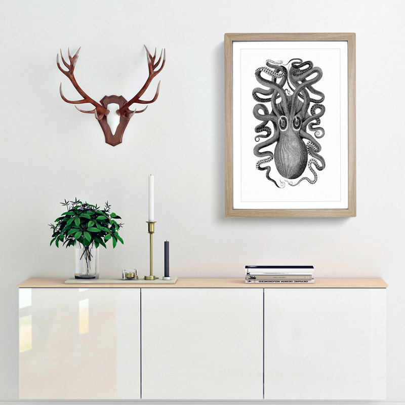 Octopus in Black and White by George Shaw - Framed Print, Oak Framed, 65cm H x 48cm W x 2cm D