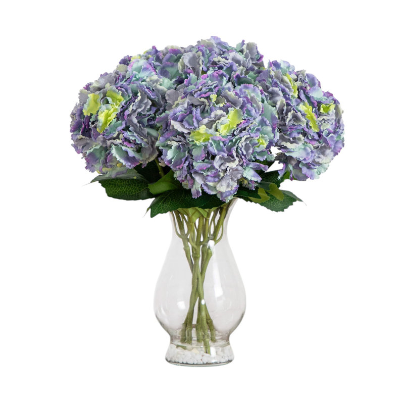 20 po Arrangement d'hortensias artificiels dans un vase en verre, Bleu