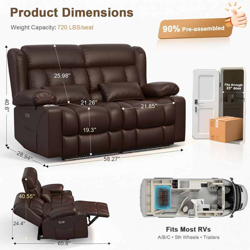 Canapé deux places inclinable électrique haut de gamme, revêtu de similicuir moderne, avec port USB et porte-gobelets, idéal pour le home cinéma.