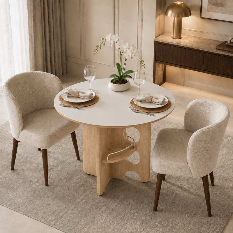 Table de salle à manger ronde à deux niveaux avec tablette inférieure fonctionnelle et pieds en grain de bois circulaires