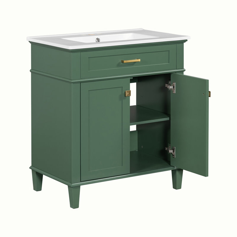 meuble-lavabo avec lavabo en céramique, porte à fermeture douce et tablettes réglables, Vert, Doré
