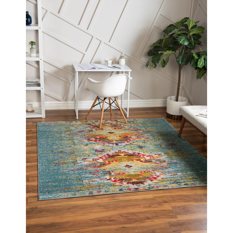 Tapis turquoise Jahanna, Carré 6 pi 1 po