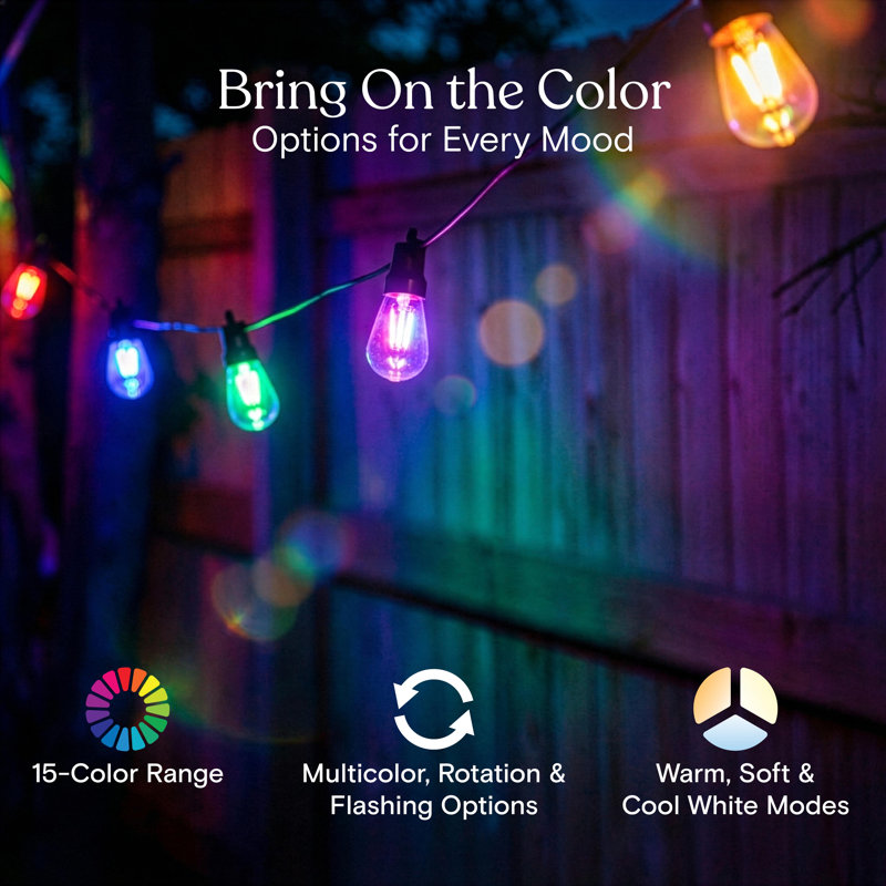 Hybrid 48 ft. Solar Powered & Plug-In RGB LED String Lights Outdoor Patio Waterproof with 15 S14 Shatterproof Bulbs, Color Changing, Remote Control