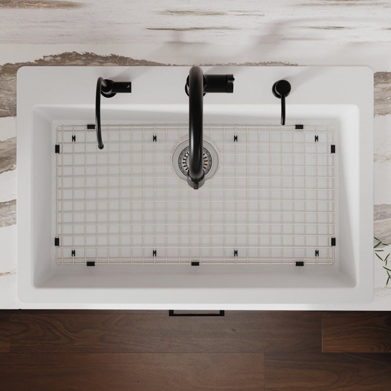 Karran Quartz 33'' X 22'' Large Single Bowl Drop-in Kitchen Sink With Bottom Grid and Strainer, White