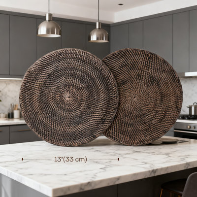 Handwoven Rattan Placemats Set Of 2, 13 Inch Round Woven Table Mats, Natural Wicker Chargers For Plates, Heat Resistant Boho Kitchen And Dining Table Decor